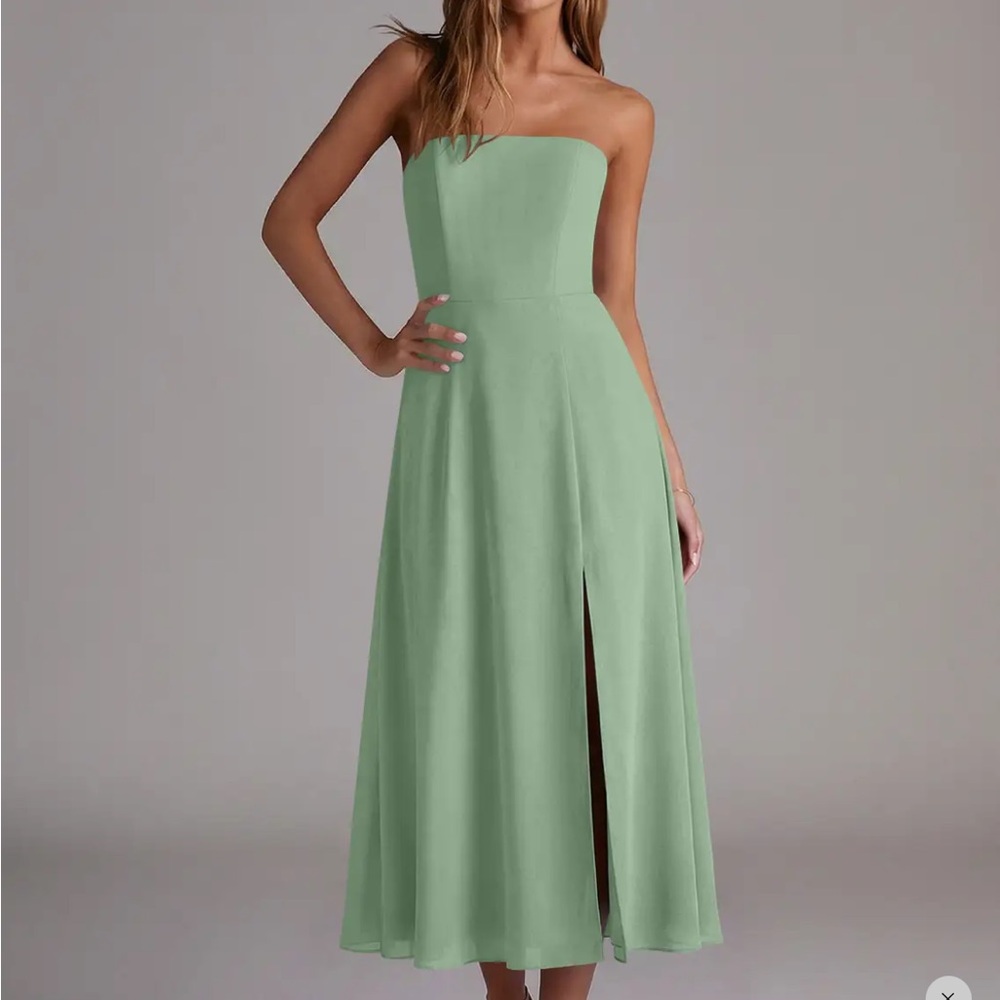 Azazie Strapless Sage Green Midi Gown
